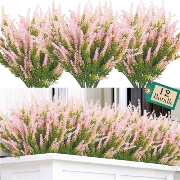 12 Bundles Outdoor Artificial Lavender Flowers (Pink) - Picture 1 of 7